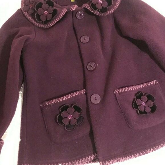 Other - 6/6X Girls Purple Fleece Jacket Coat w/Flowers on the Collar and Pockets + HAT